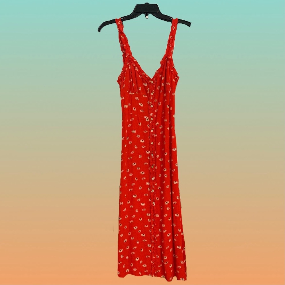 Aritzia Wilfred Red Flower Print Summer Midi Dress